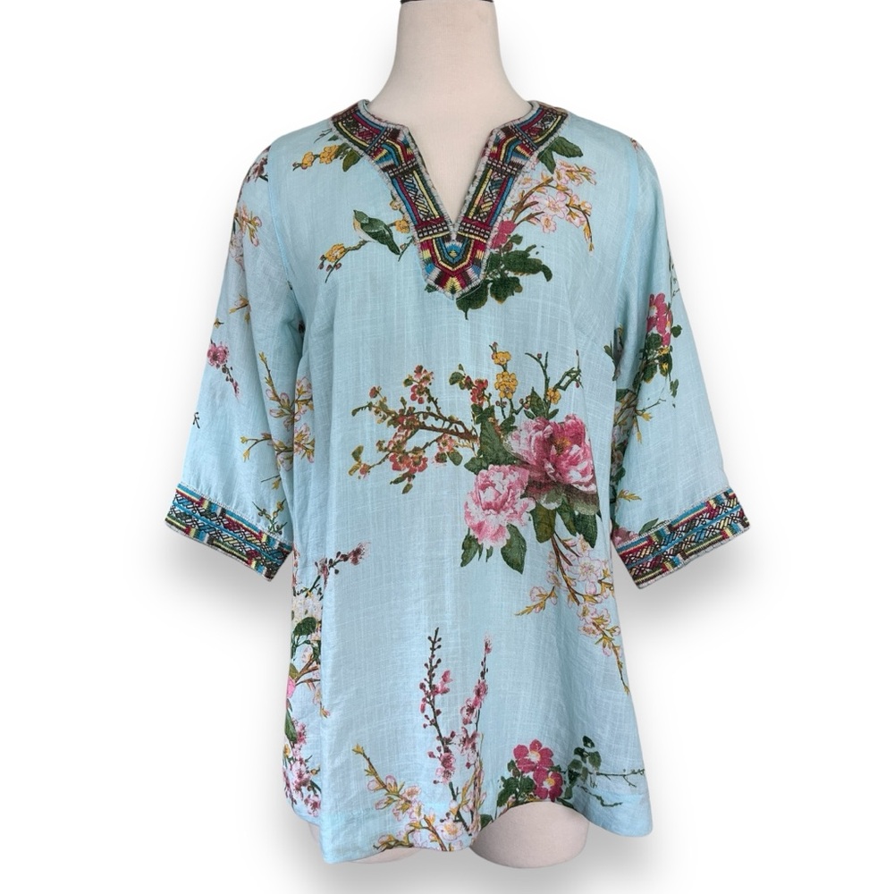 Soft Surroundings Merielle Floral and Birds Print Embroidered Tunic